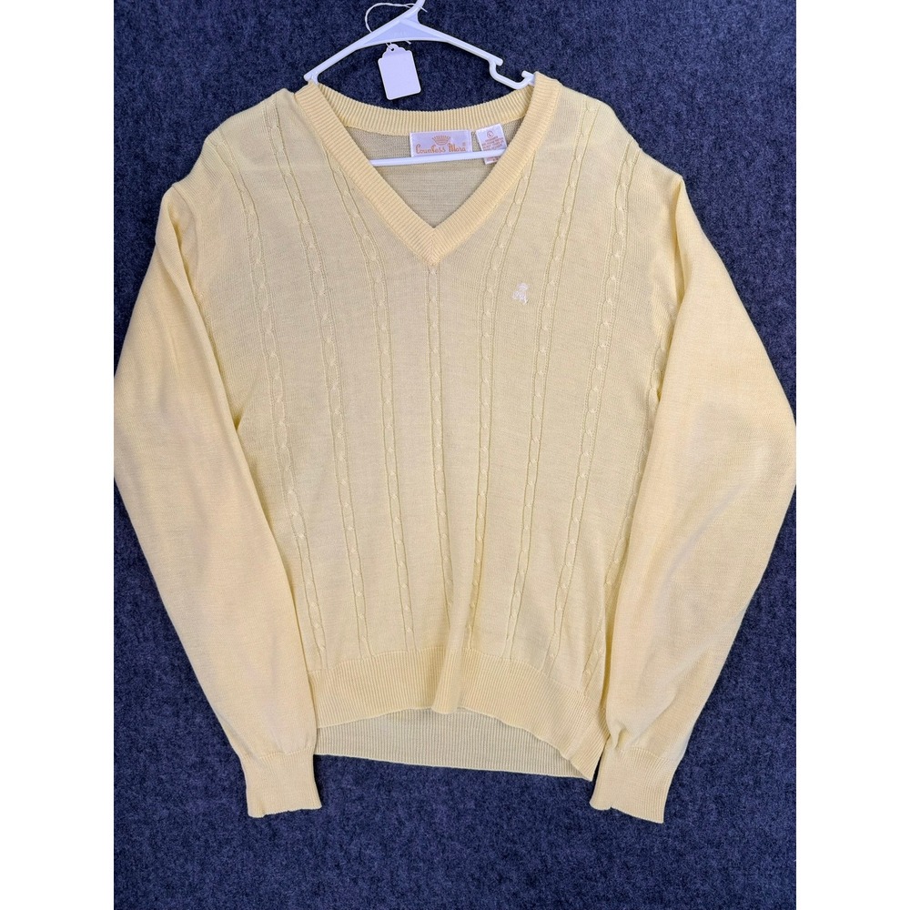 Countess Mara Mens V-Neck Sweater Large Yellow Cable Knit Long Sleeve Acrylic